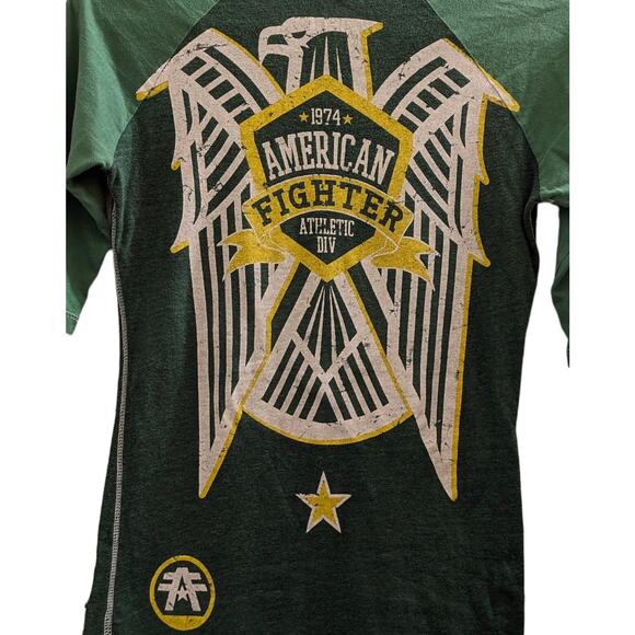 Vintage Women's AMERICAN FIGHTER by Affliction T-shirt Green Eagle Patches S - Picture 5 of 6